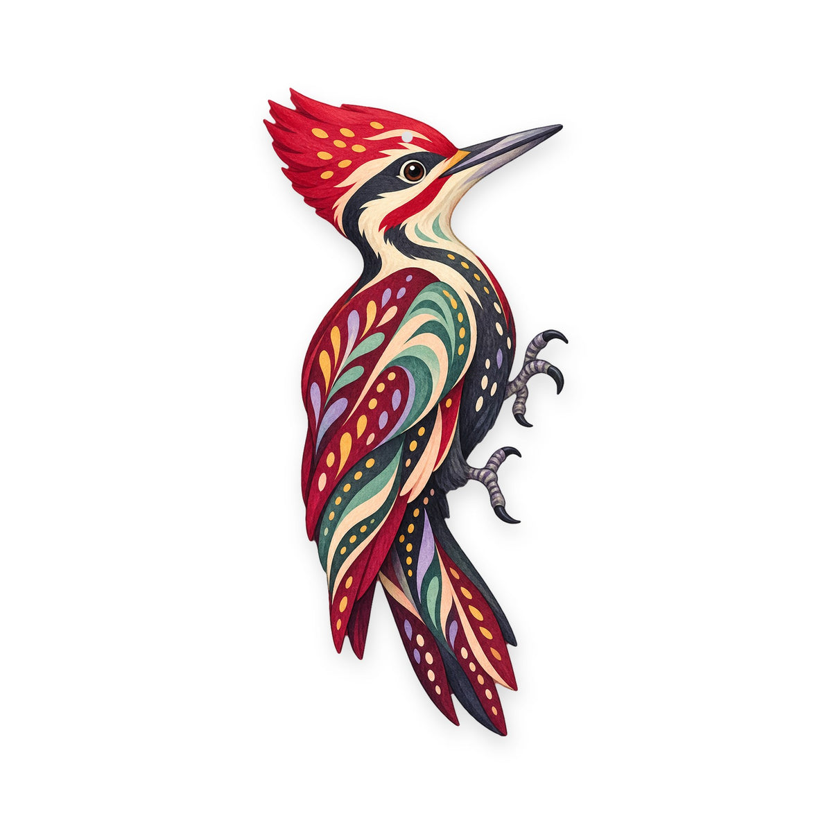 Pileated Woodpecker folk art ornament O318 on white, laser-cut maple wood, made in USA