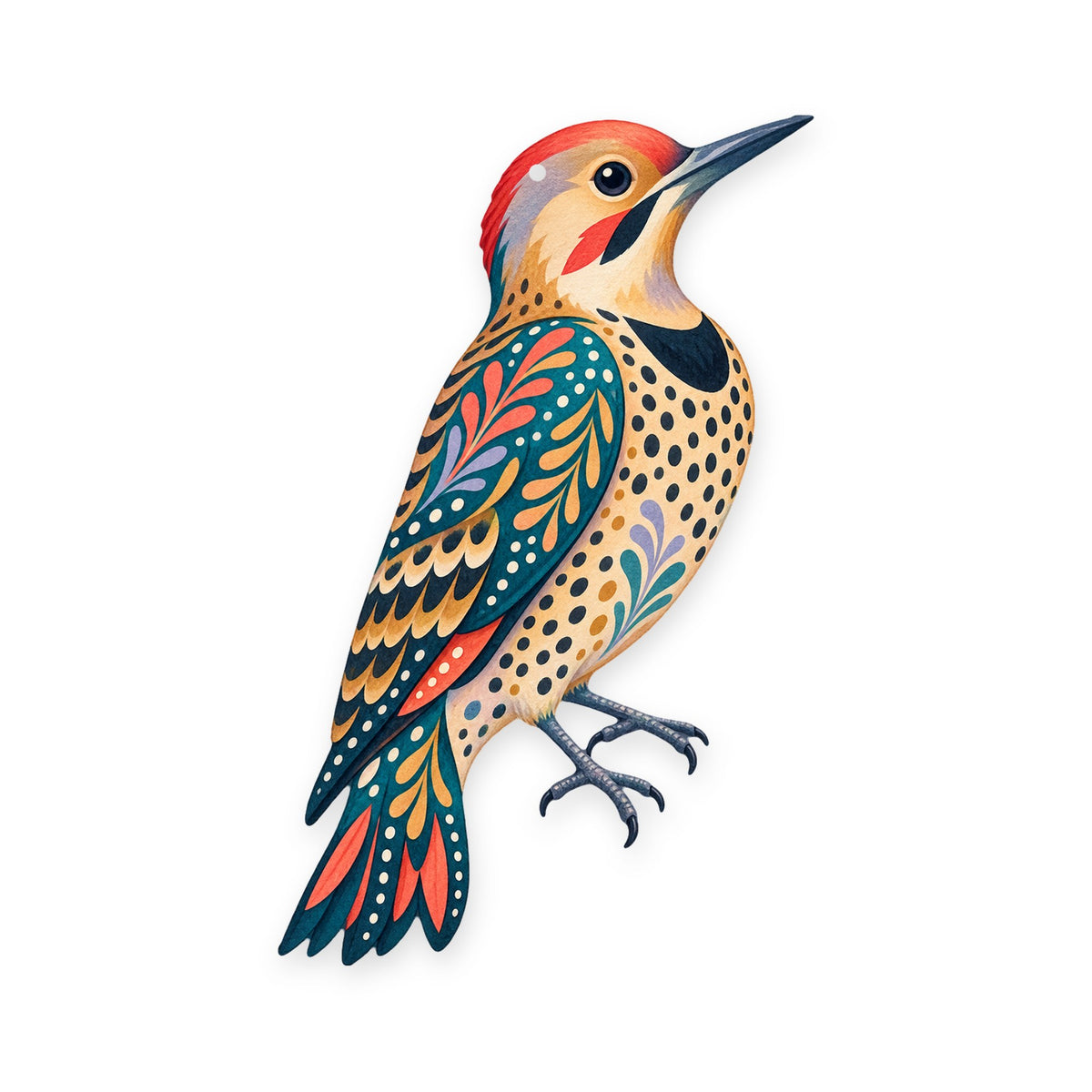 Northern Flicker folk art ornament O319 on white, laser-cut maple wood, made in USA