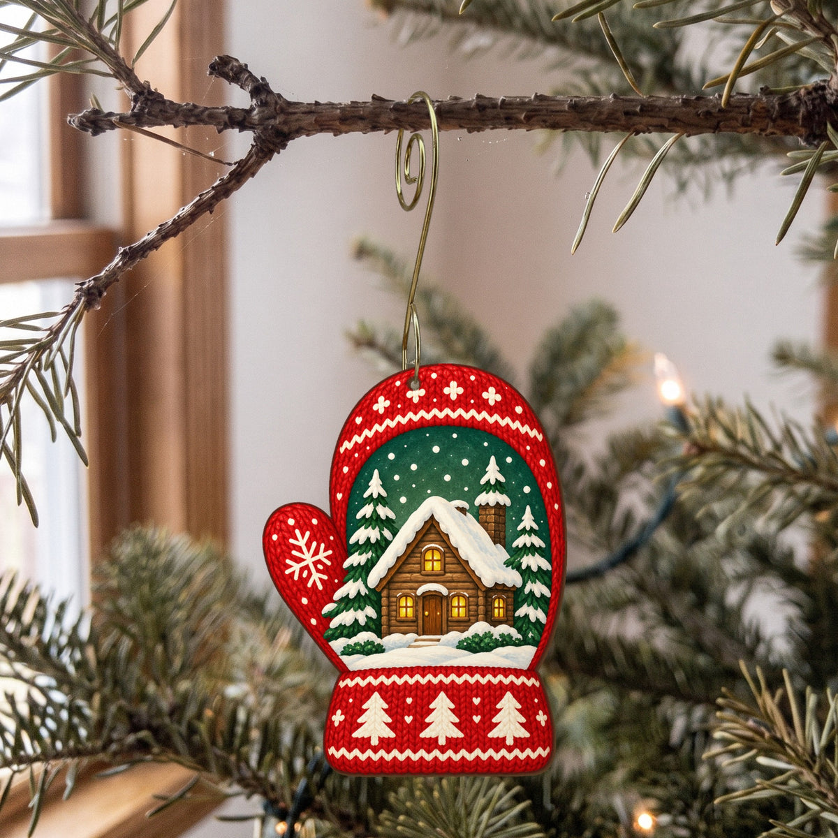 Laser-cut maple wood Christmas ornament O31 hanging on a fir branch, made in USA