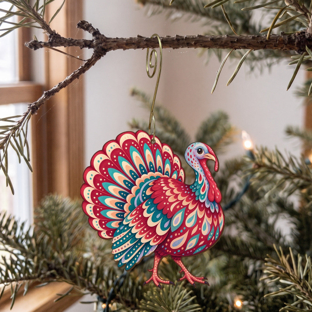 Laser-cut maple wood Wild Turkey folk art ornament O320 hanging on a fir branch, made in USA