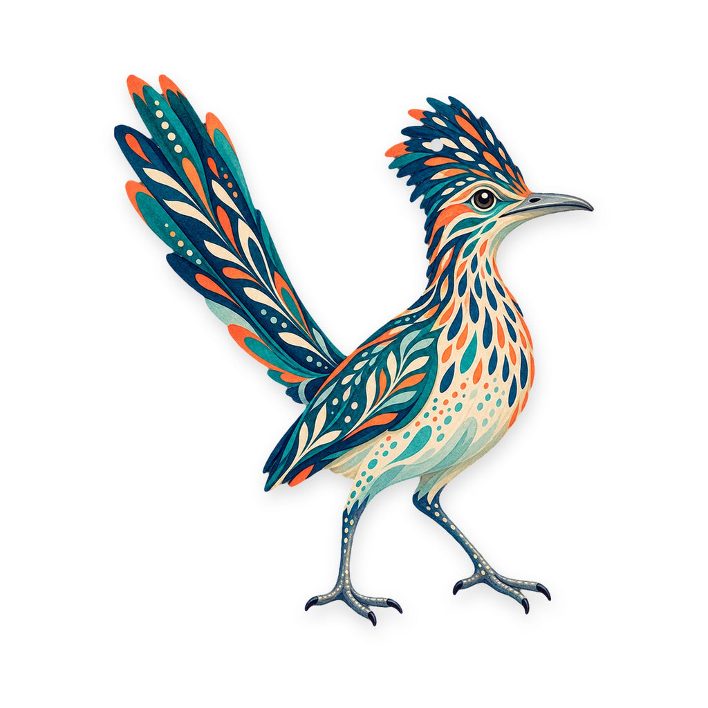 Greater Roadrunner folk art ornament O321 on white, laser-cut maple wood, made in USA