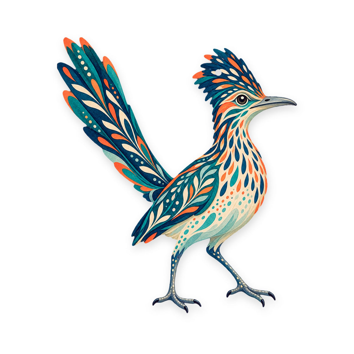 Greater Roadrunner folk art ornament O321 on white, laser-cut maple wood, made in USA