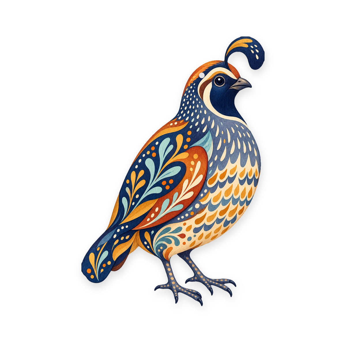 California Quail folk art ornament O322 on white, laser-cut maple wood, made in USA