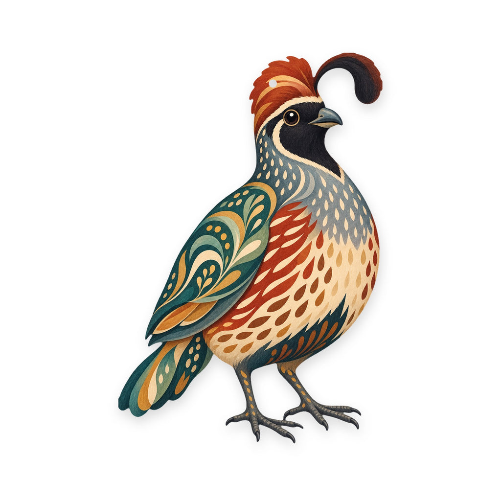 Gambel's Quail folk art ornament O323 on white, laser-cut maple wood, made in USA