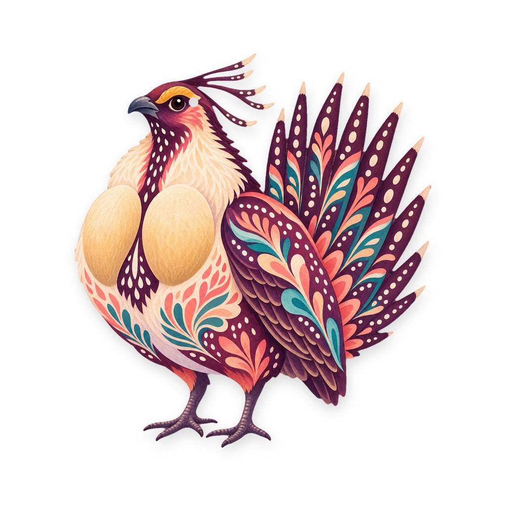 Greater Sage-Grouse folk art ornament O324 on white, laser-cut maple wood, made in USA