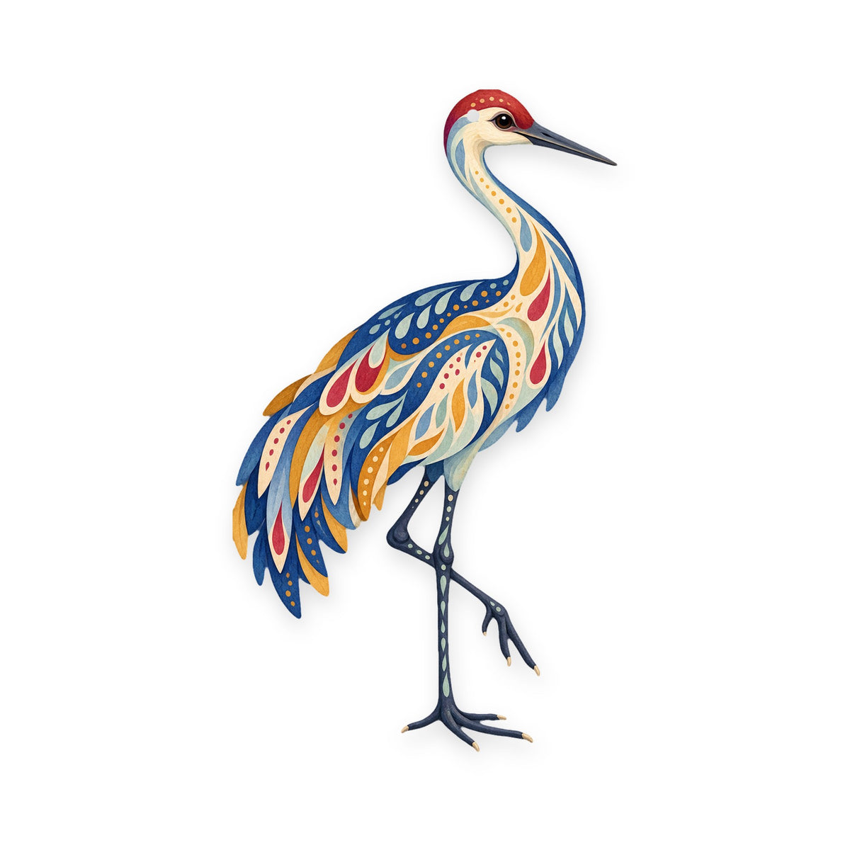 Sandhill Crane folk art ornament O325 on white, laser-cut maple wood, made in USA