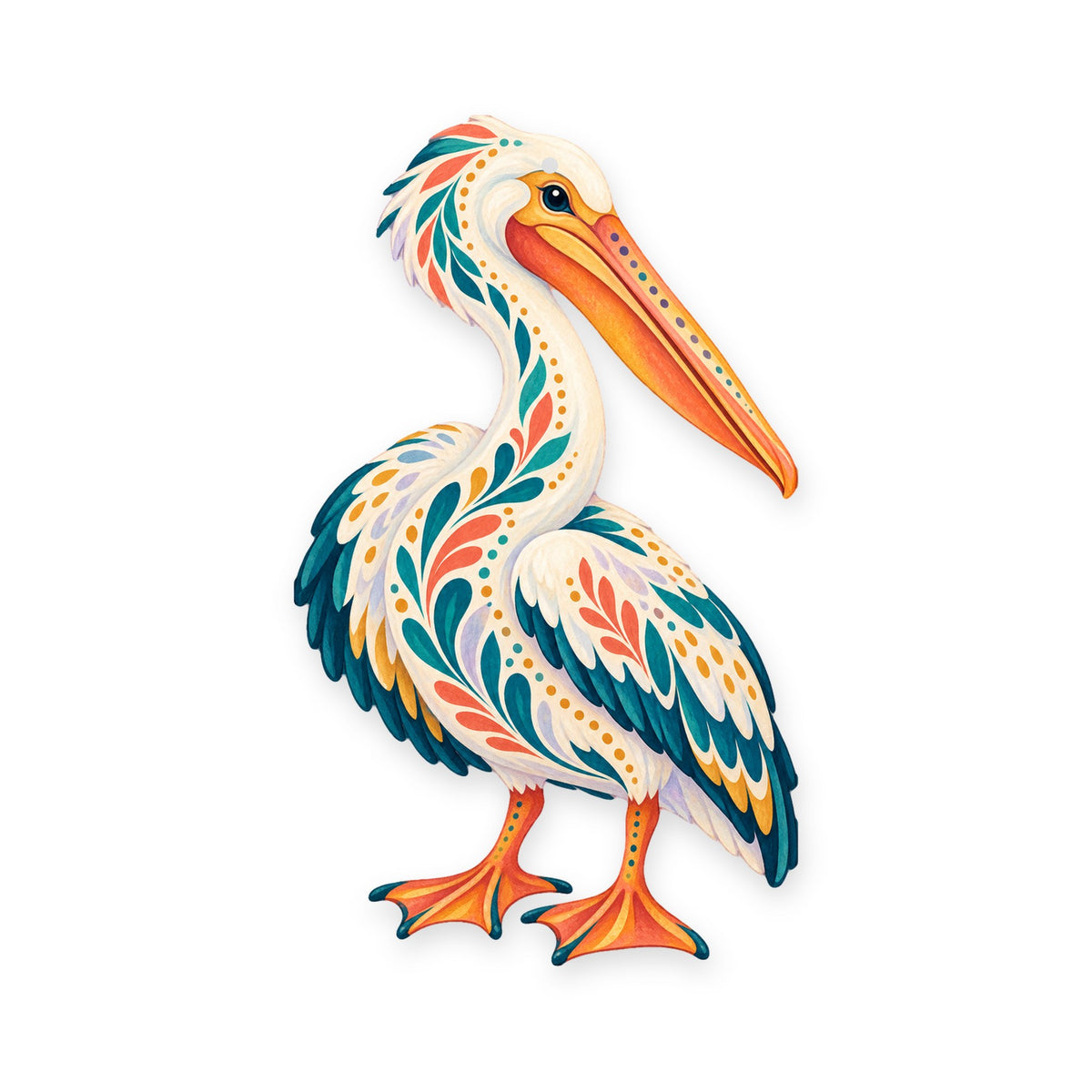 American White Pelican folk art ornament O327 on white, laser-cut maple wood, made in USA
