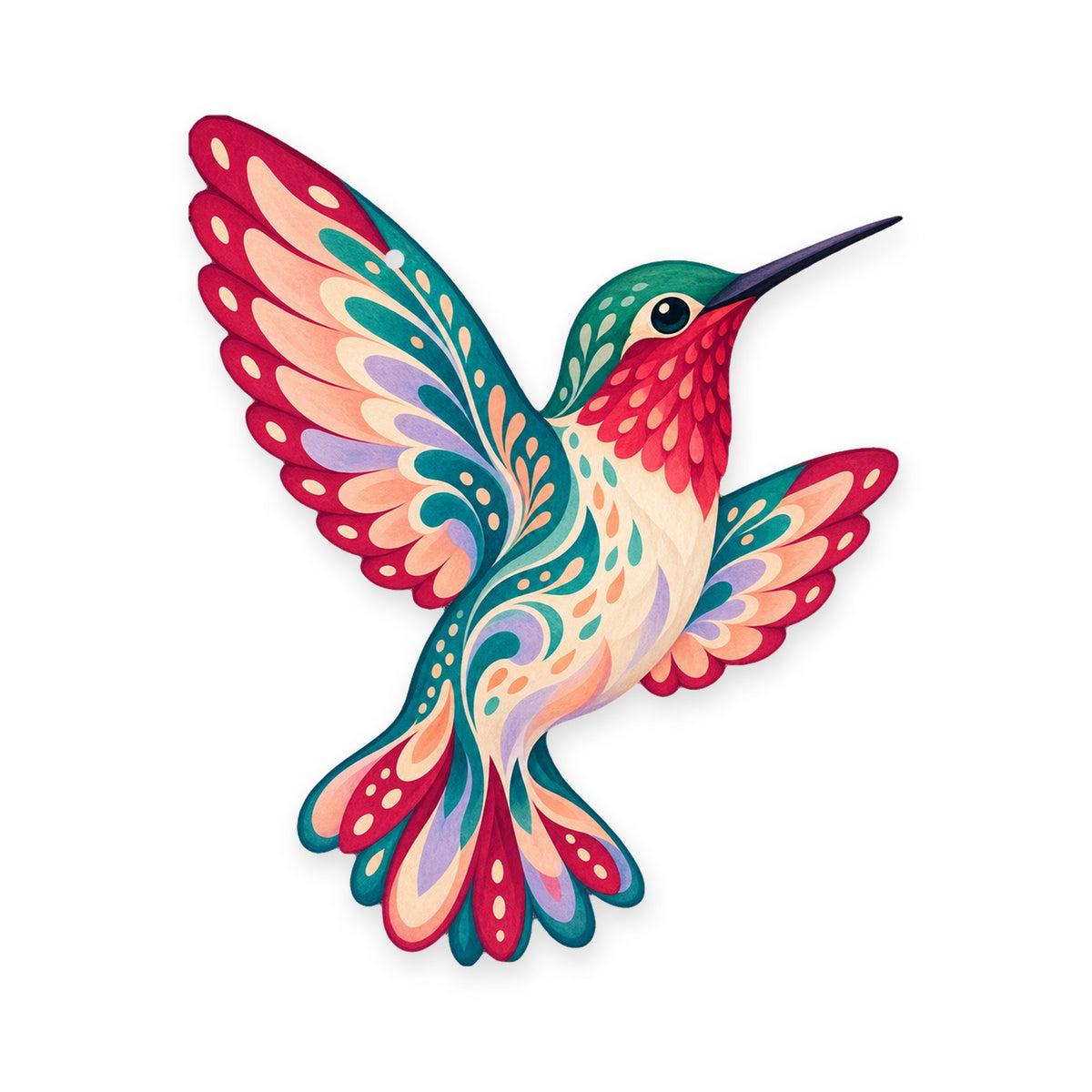 Ruby-Throated Hummingbird folk art ornament O328 on white, laser-cut maple wood, made in USA