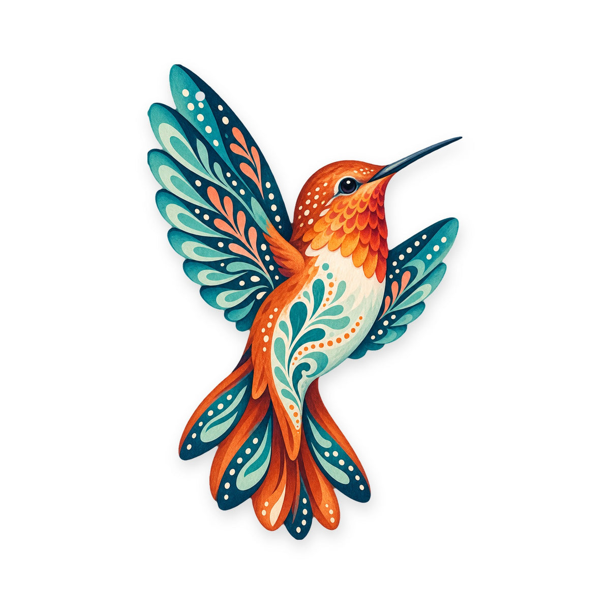 Rufous Hummingbird folk art ornament O329 on white, laser-cut maple wood, made in USA