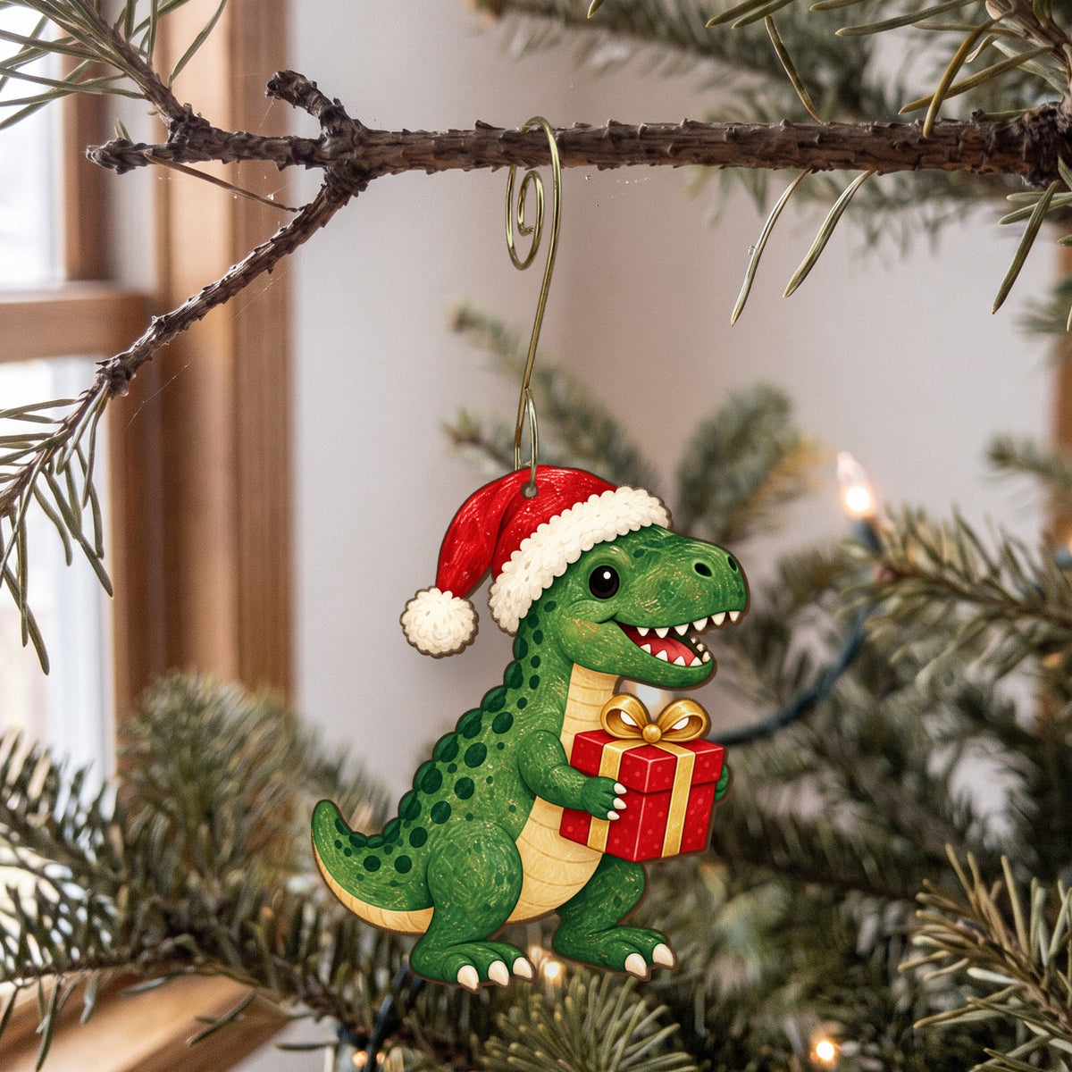 Laser-cut maple wood Christmas ornament O32 hanging on a fir branch, made in USA