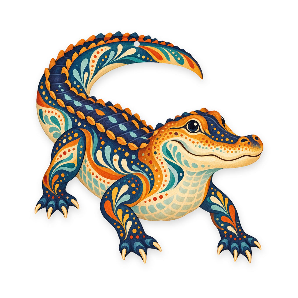 American Alligator folk art ornament O330 on white, laser-cut maple wood, made in USA