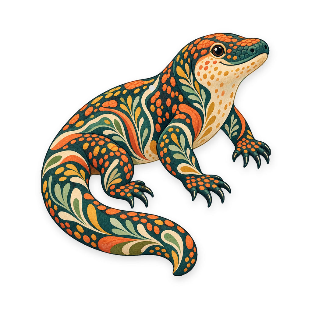 Gila Monster folk art ornament O331 on white, laser-cut maple wood, made in USA