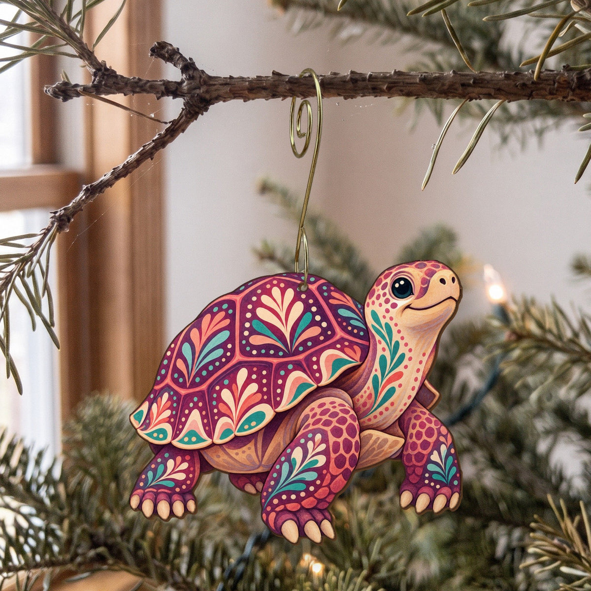 Laser-cut maple wood Desert Tortoise folk art ornament O332 hanging on a fir branch, made in USA