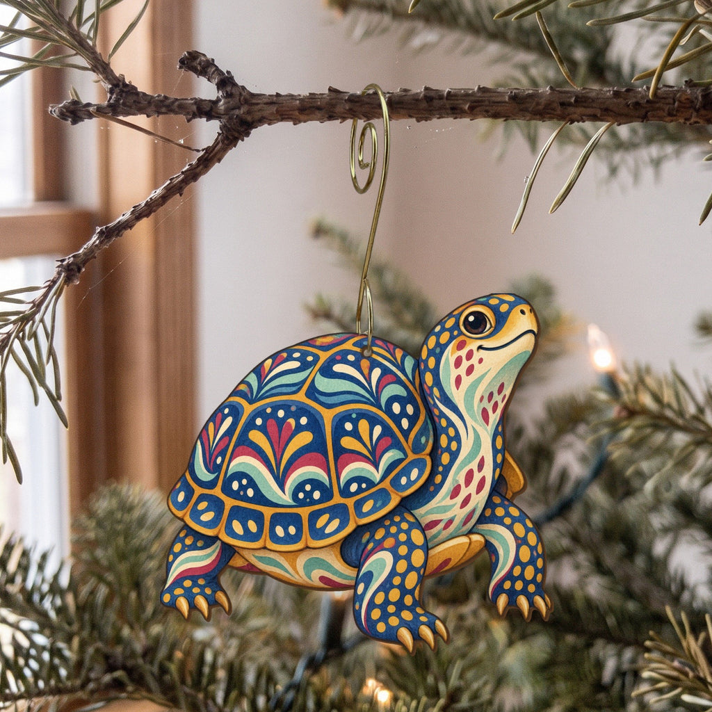 Laser-cut maple wood Eastern Box Turtle folk art ornament O333 hanging on a fir branch, made in USA