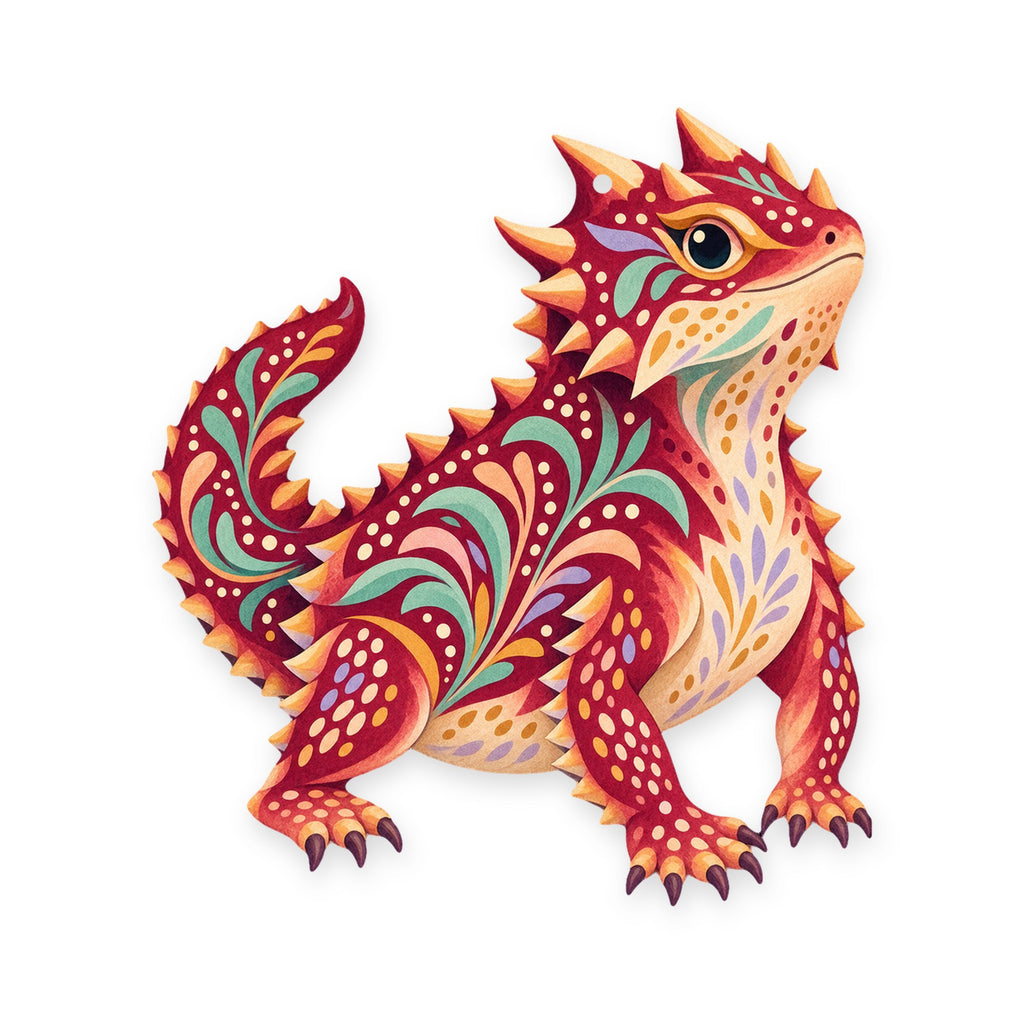 Horned Lizard folk art ornament O334 on white, laser-cut maple wood, made in USA