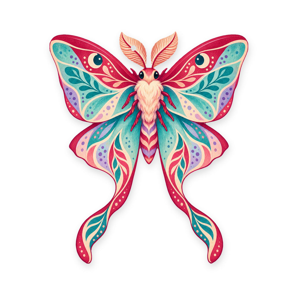 Luna Moth folk art ornament O336 on white, laser-cut maple wood, made in USA