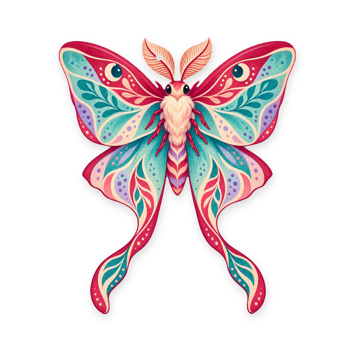 Luna Moth folk art ornament O336 on white, laser-cut maple wood, made in USA