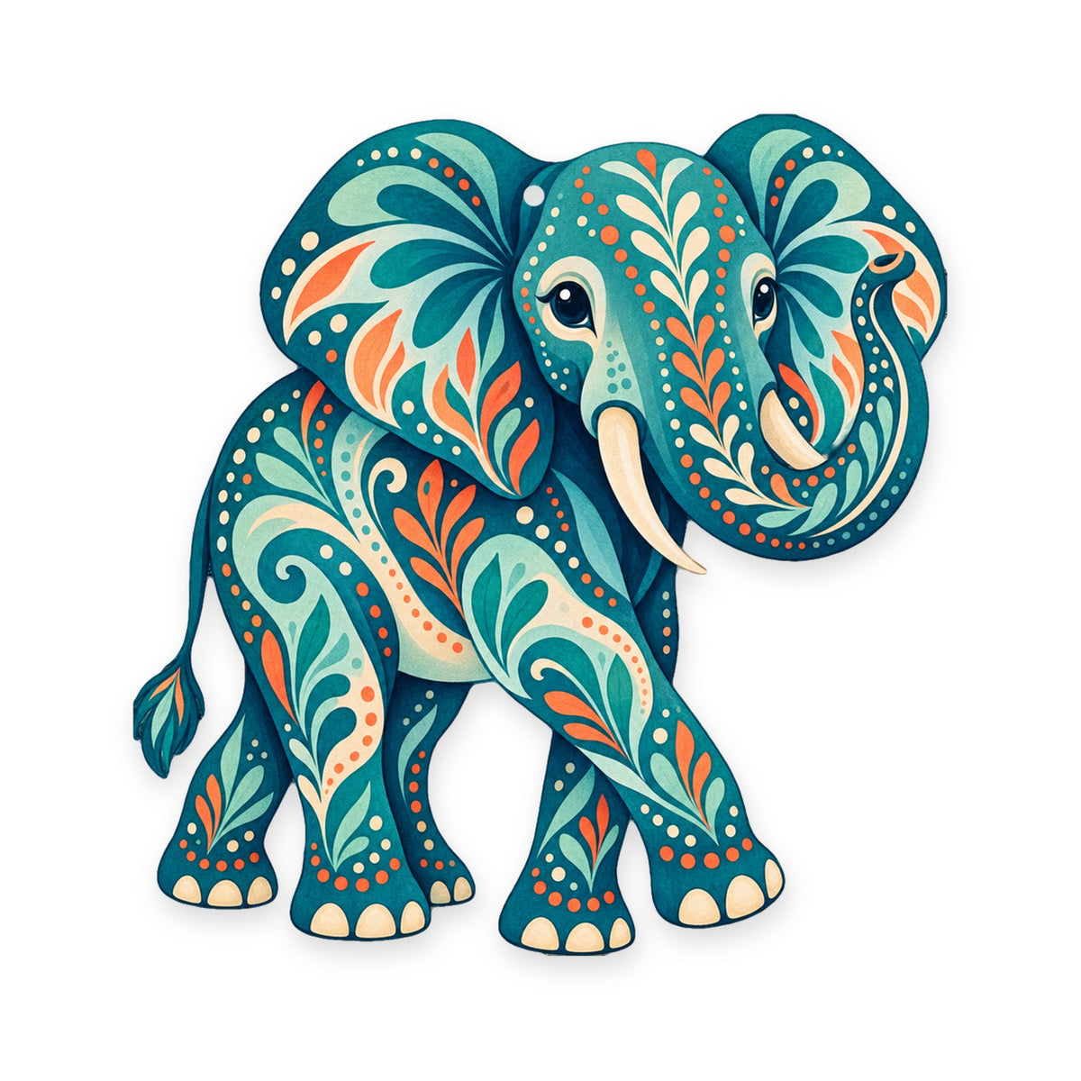 African Elephant folk art ornament O337 on white, laser-cut maple wood, made in USA