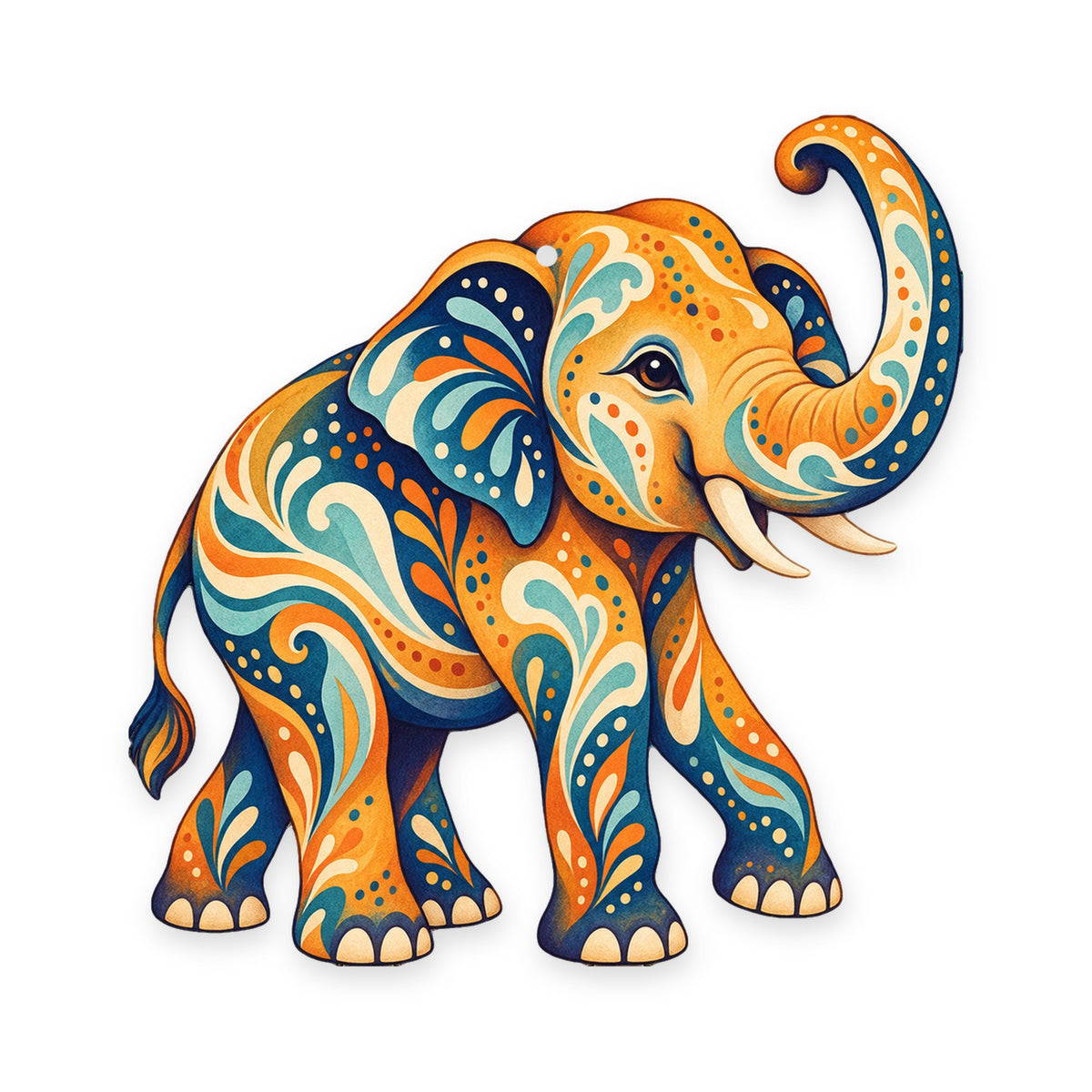 Asian Elephant folk art ornament O338 on white, laser-cut maple wood, made in USA