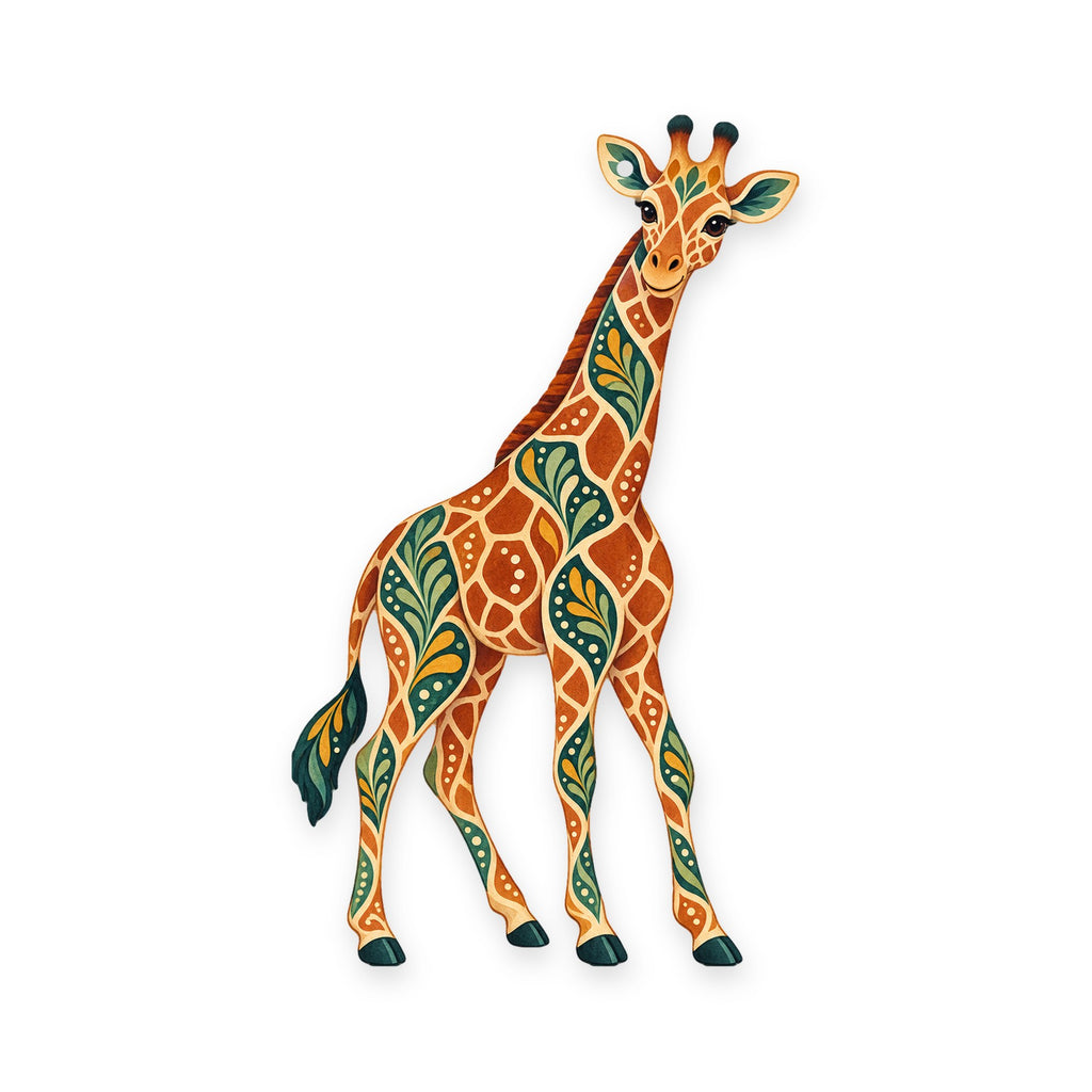 Reticulated Giraffe folk art ornament O339 on white, laser-cut maple wood, made in USA