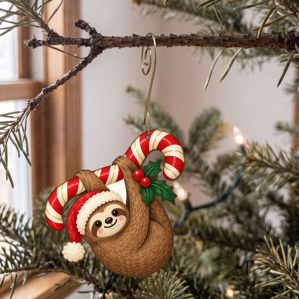 Laser-cut maple wood Christmas ornament O33 hanging on a fir branch, made in USA