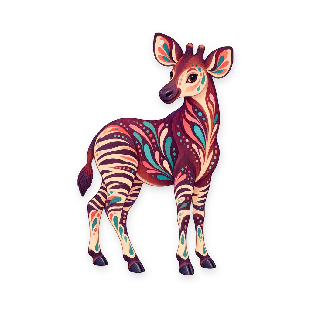 Okapi folk art ornament O340 on white, laser-cut maple wood, made in USA