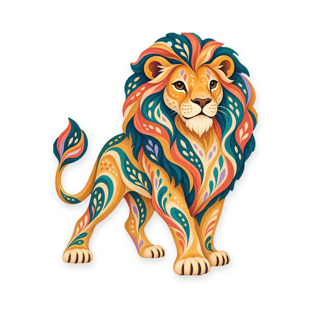 African Lion folk art ornament O343 on white, laser-cut maple wood, made in USA