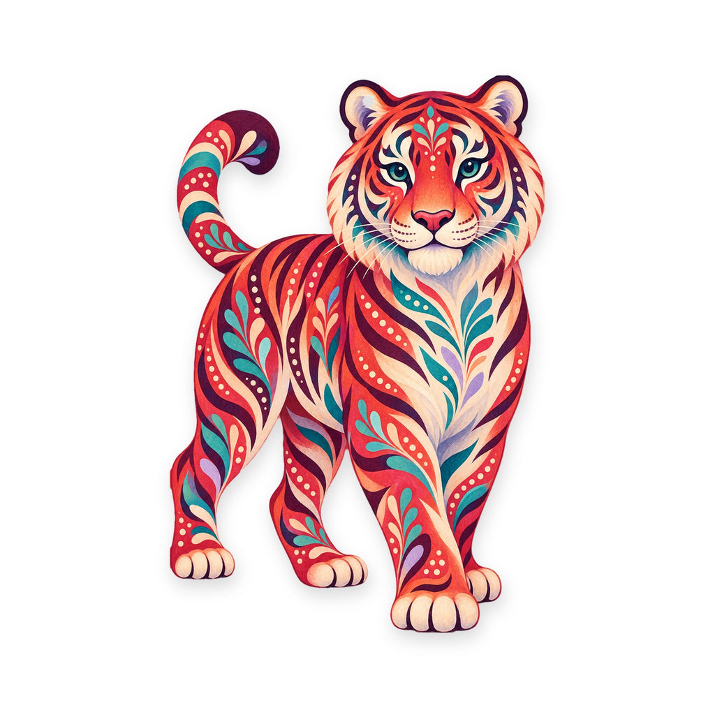 Bengal Tiger folk art ornament O344 on white, laser-cut maple wood, made in USA