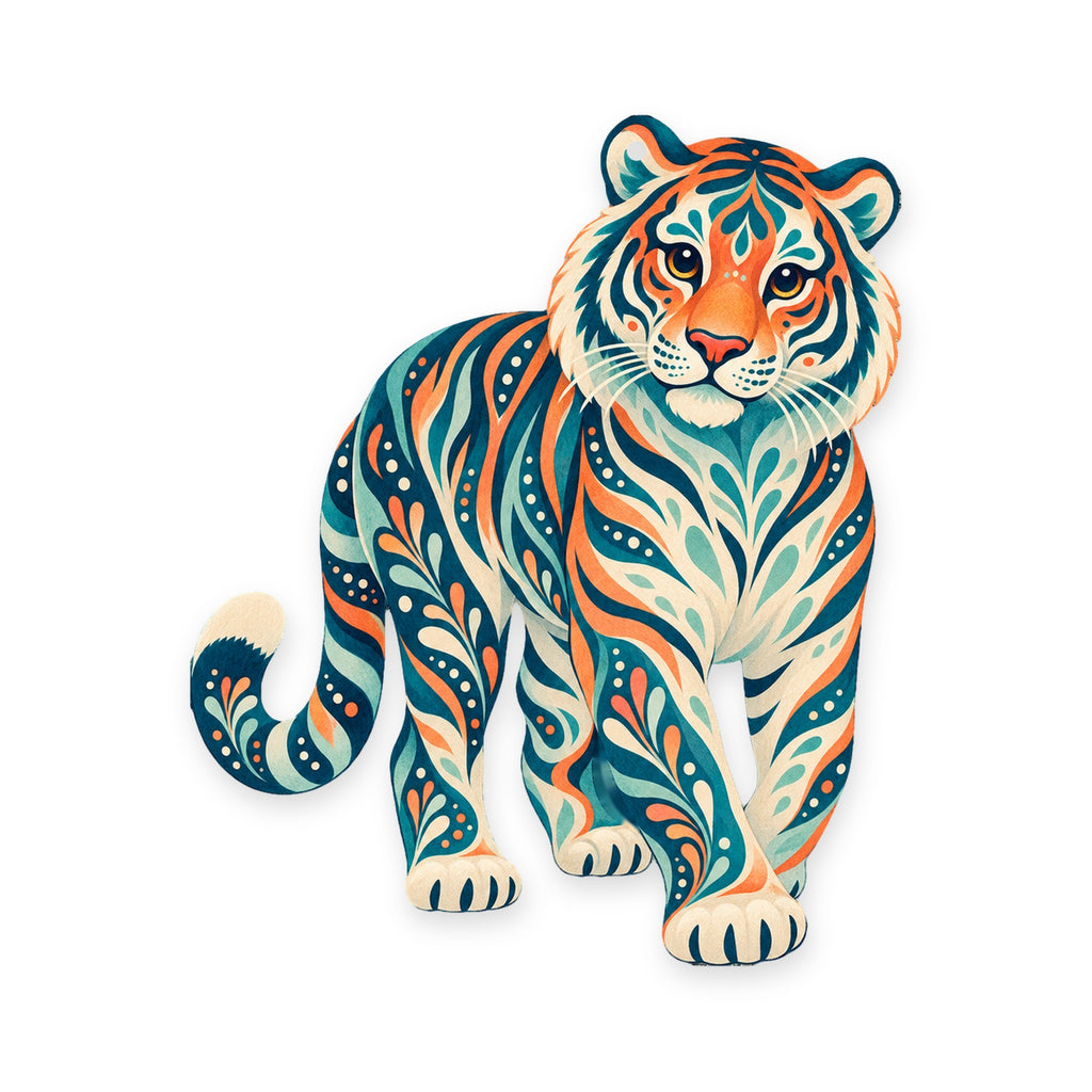 Amur Tiger folk art ornament O345 on white, laser-cut maple wood, made in USA