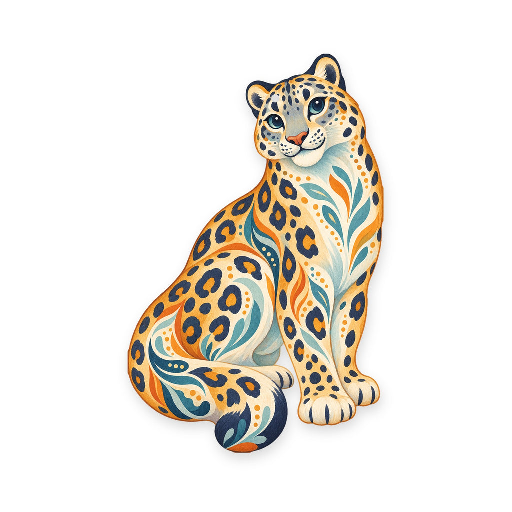 Snow Leopard folk art ornament O346 on white, laser-cut maple wood, made in USA