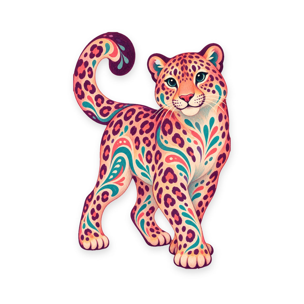 Amur Leopard folk art ornament O348 on white, laser-cut maple wood, made in USA