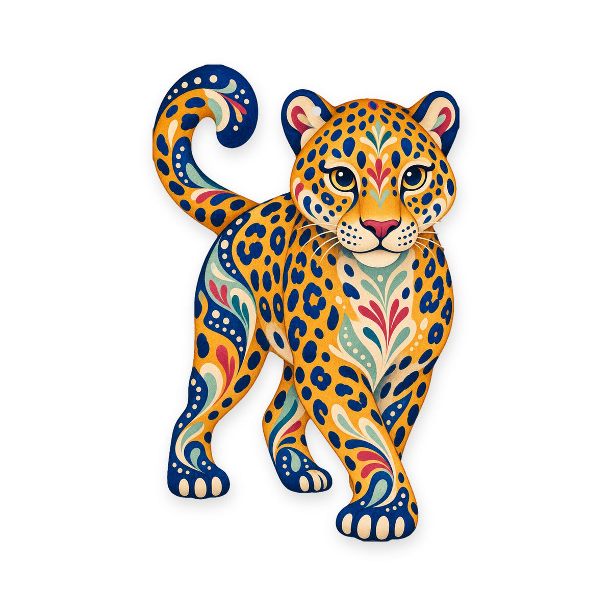 Jaguar folk art ornament O349 on white, laser-cut maple wood, made in USA