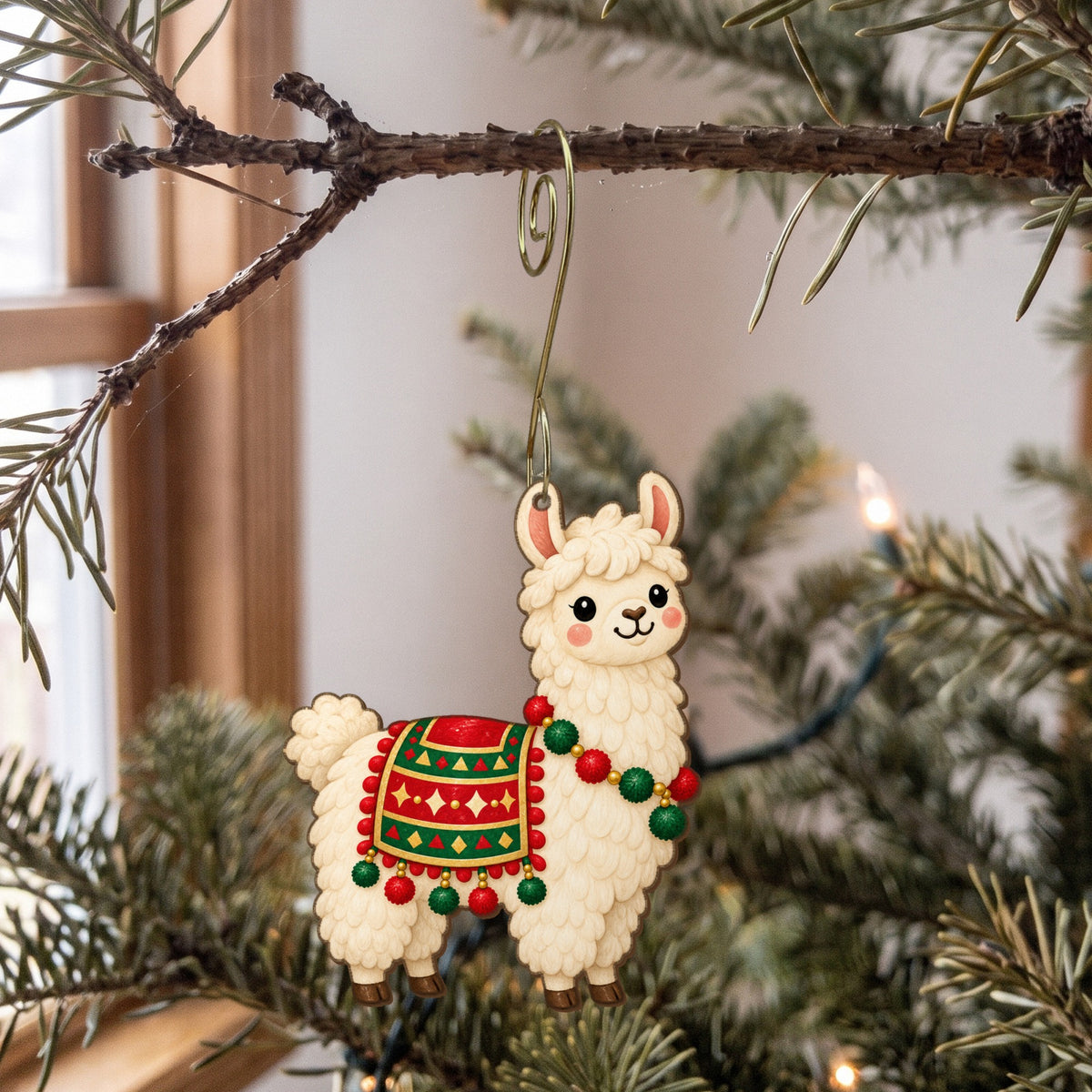 Laser-cut maple wood Christmas ornament O34 hanging on a fir branch, made in USA