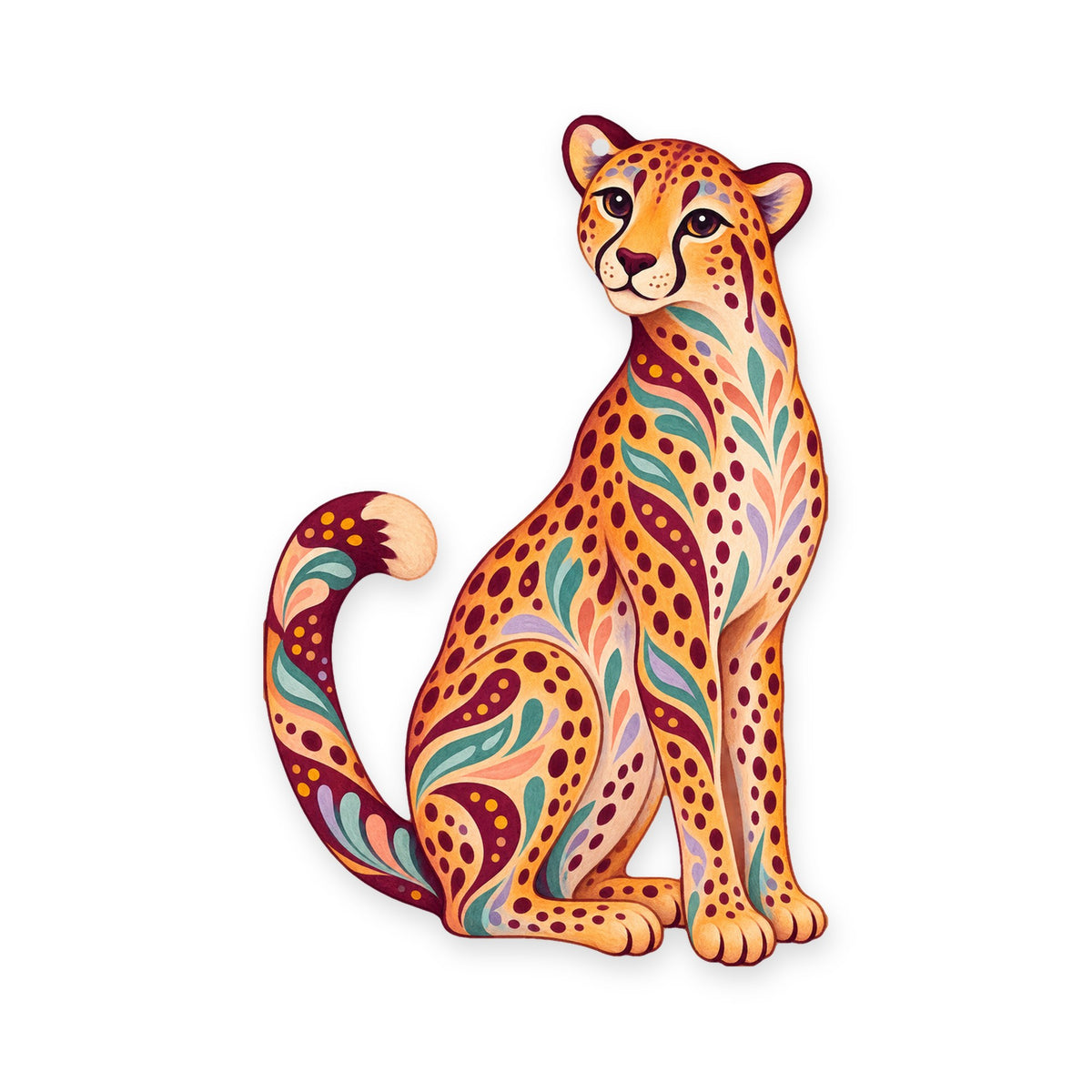 Cheetah folk art ornament O350 on white, laser-cut maple wood, made in USA