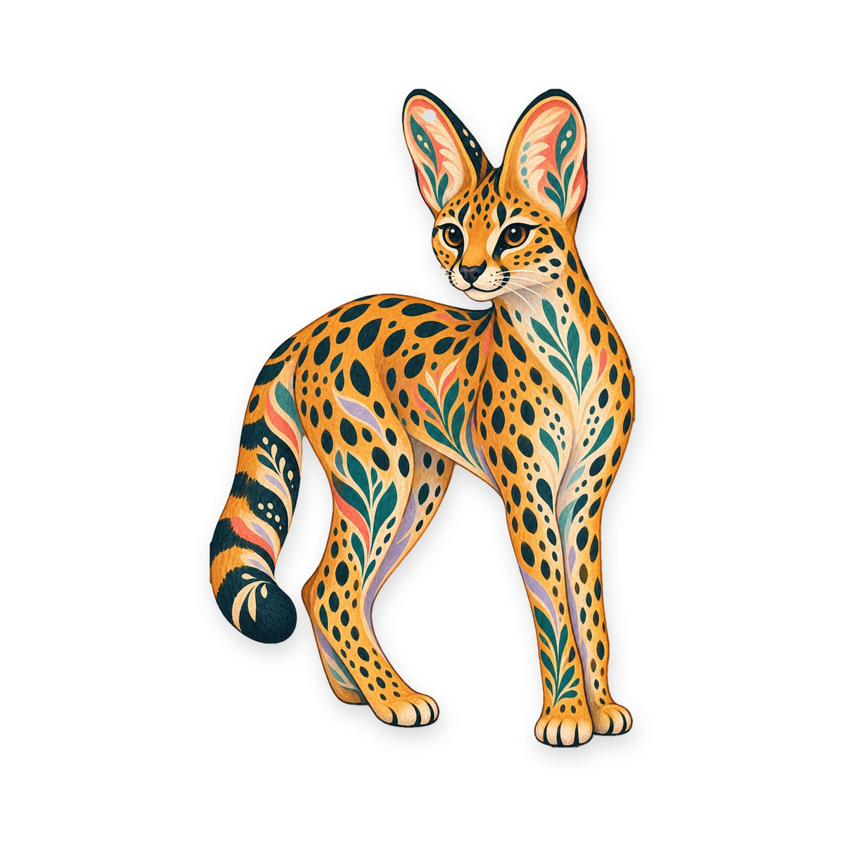 Serval folk art ornament O351 on white, laser-cut maple wood, made in USA