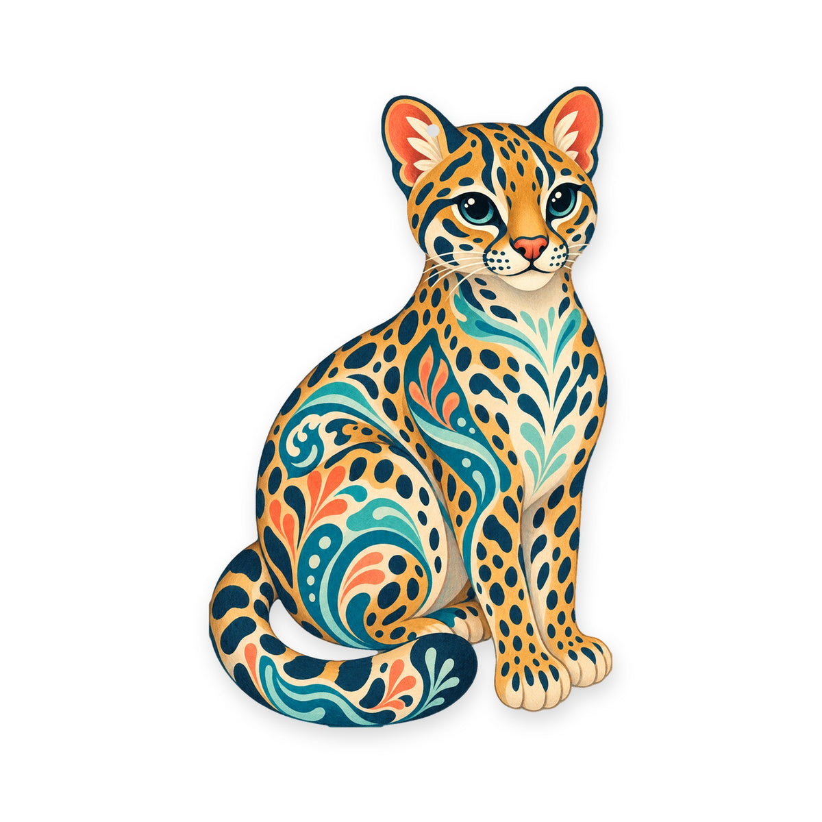 Ocelot folk art ornament O353 on white, laser-cut maple wood, made in USA