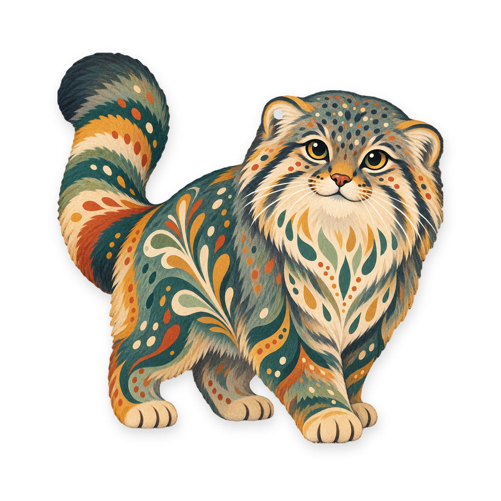 Pallas's Cat folk art ornament O355 on white, laser-cut maple wood, made in USA