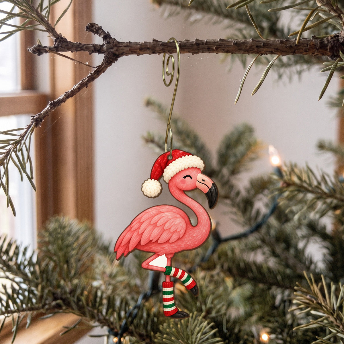Laser-cut maple wood Christmas ornament O35 hanging on a fir branch, made in USA