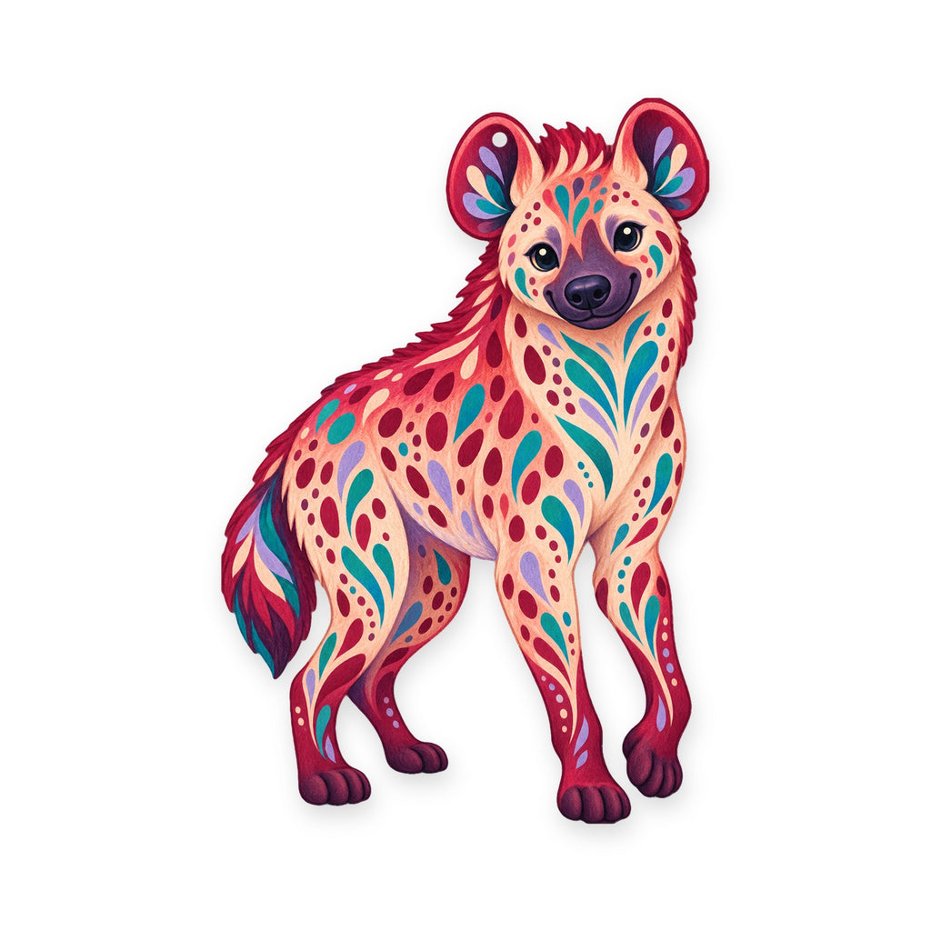 Spotted Hyena folk art ornament O360 on white, laser-cut maple wood, made in USA
