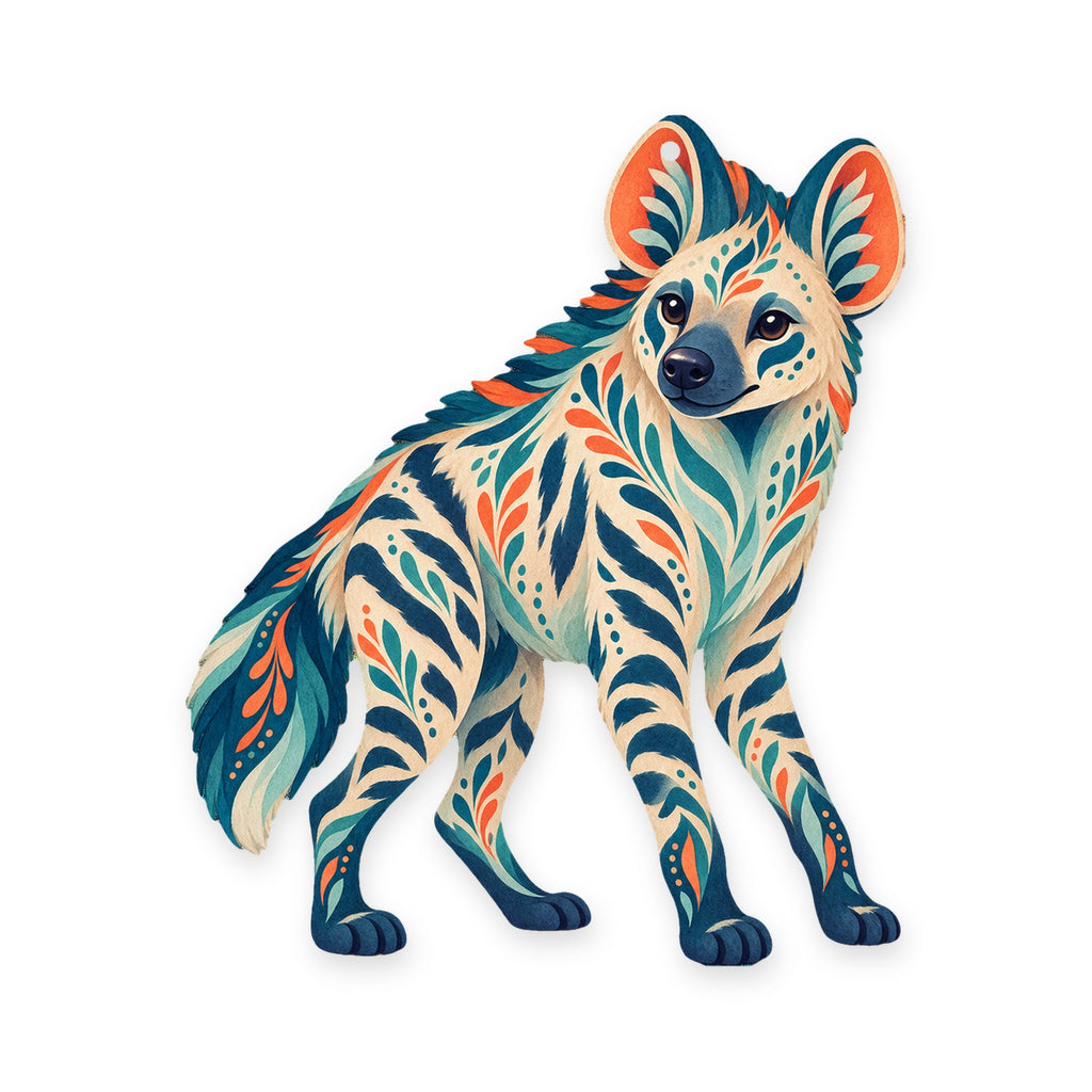Striped Hyena folk art ornament O361 on white, laser-cut maple wood, made in USA