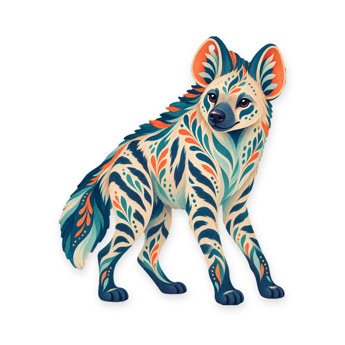 Striped Hyena folk art ornament O361 on white, laser-cut maple wood, made in USA