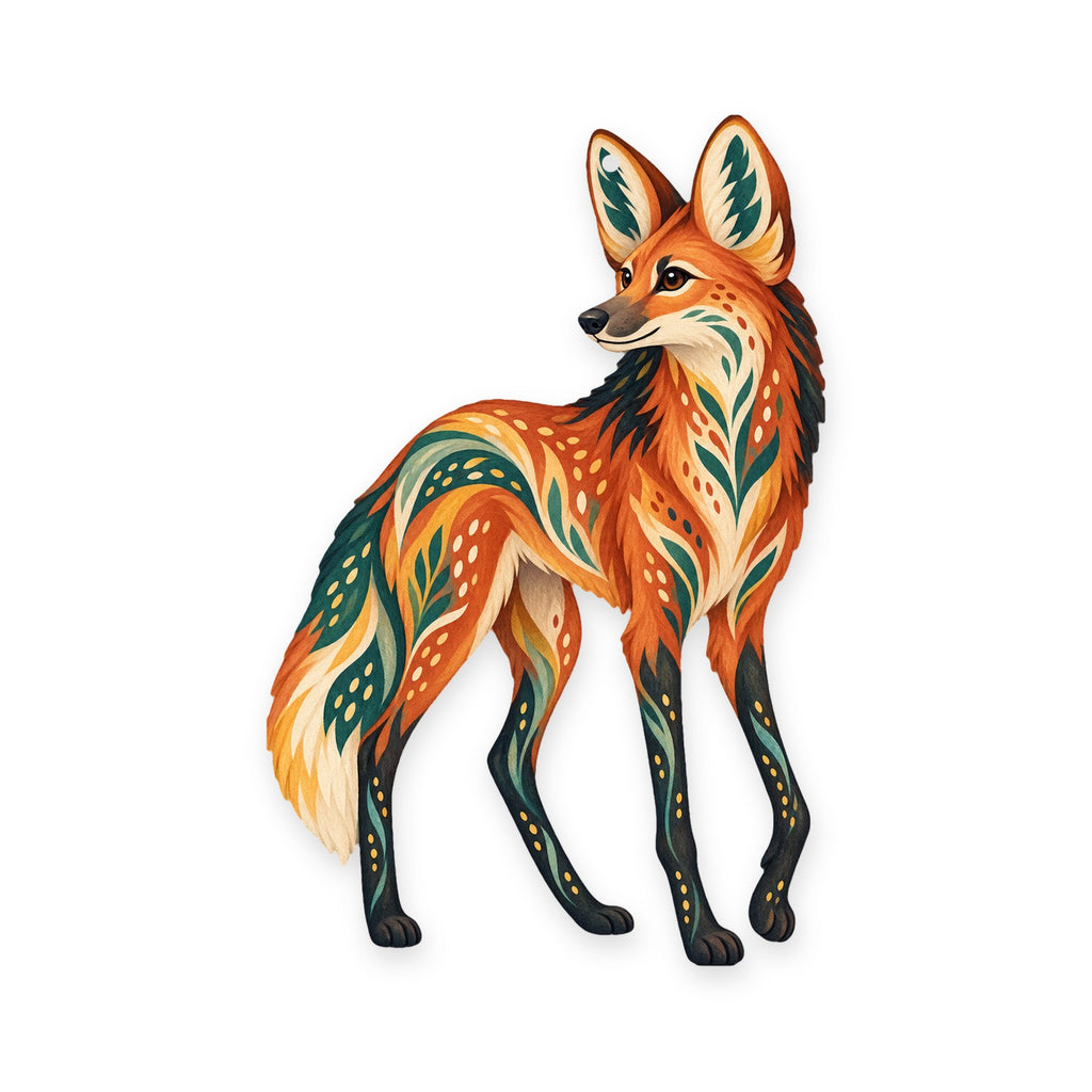 Maned Wolf folk art ornament O363 on white, laser-cut maple wood, made in USA