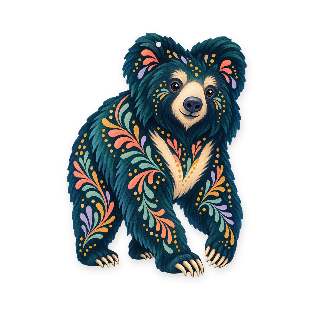 Sloth Bear folk art ornament O367 on white, laser-cut maple wood, made in USA