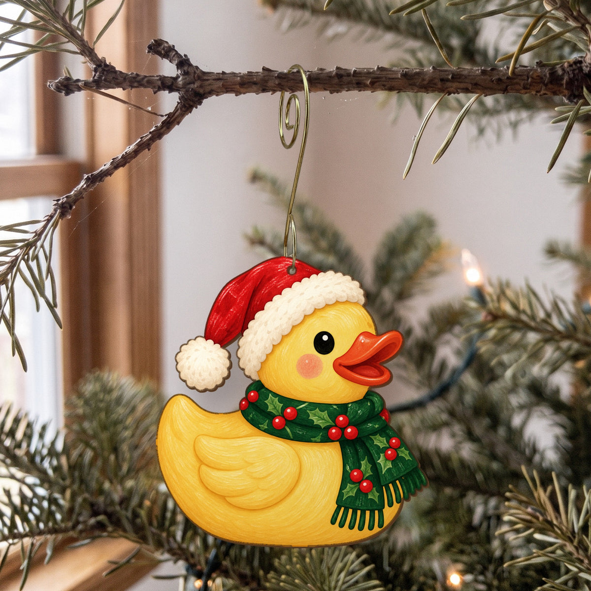 Laser-cut maple wood Christmas ornament O36 hanging on a fir branch, made in USA