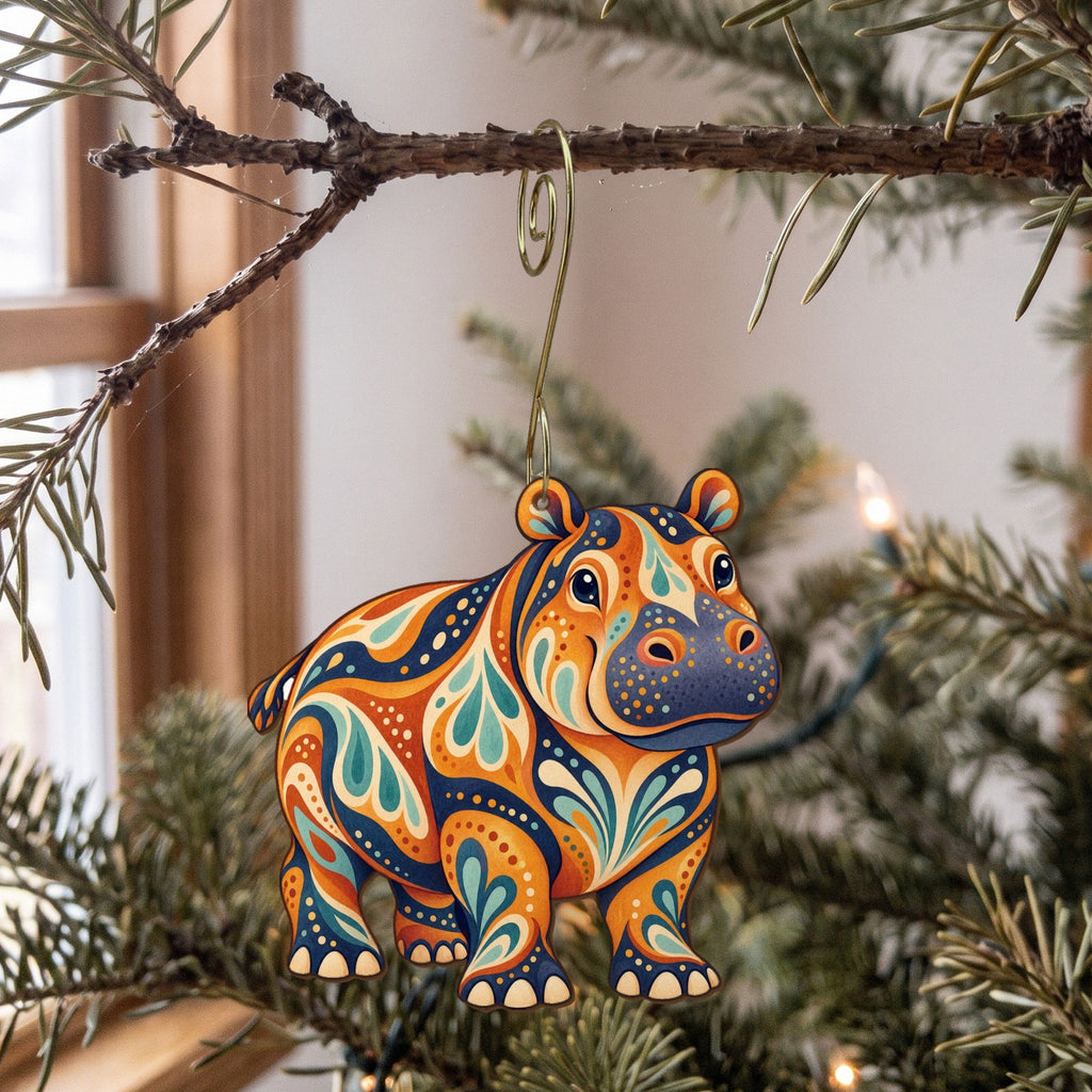 Laser-cut maple wood Hippopotamus folk art ornament O370 hanging on a fir branch, made in USA