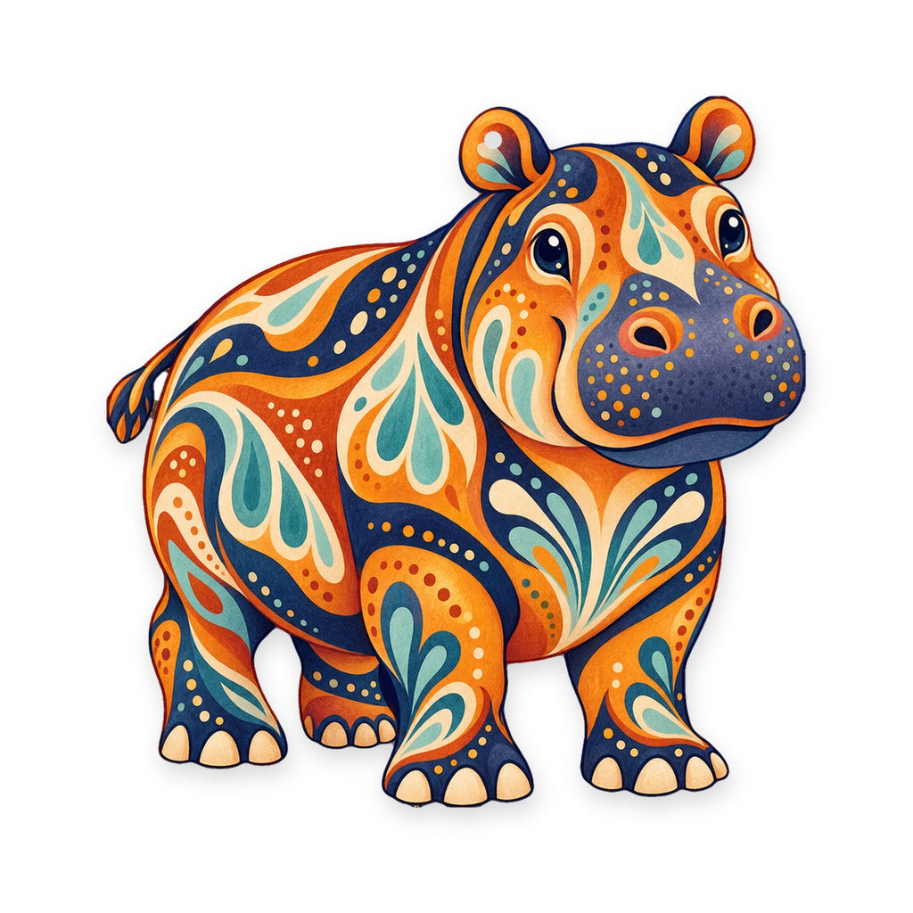 Hippopotamus folk art ornament O370 on white, laser-cut maple wood, made in USA