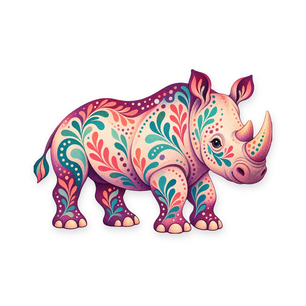 White Rhinoceros folk art ornament O372 on white, laser-cut maple wood, made in USA
