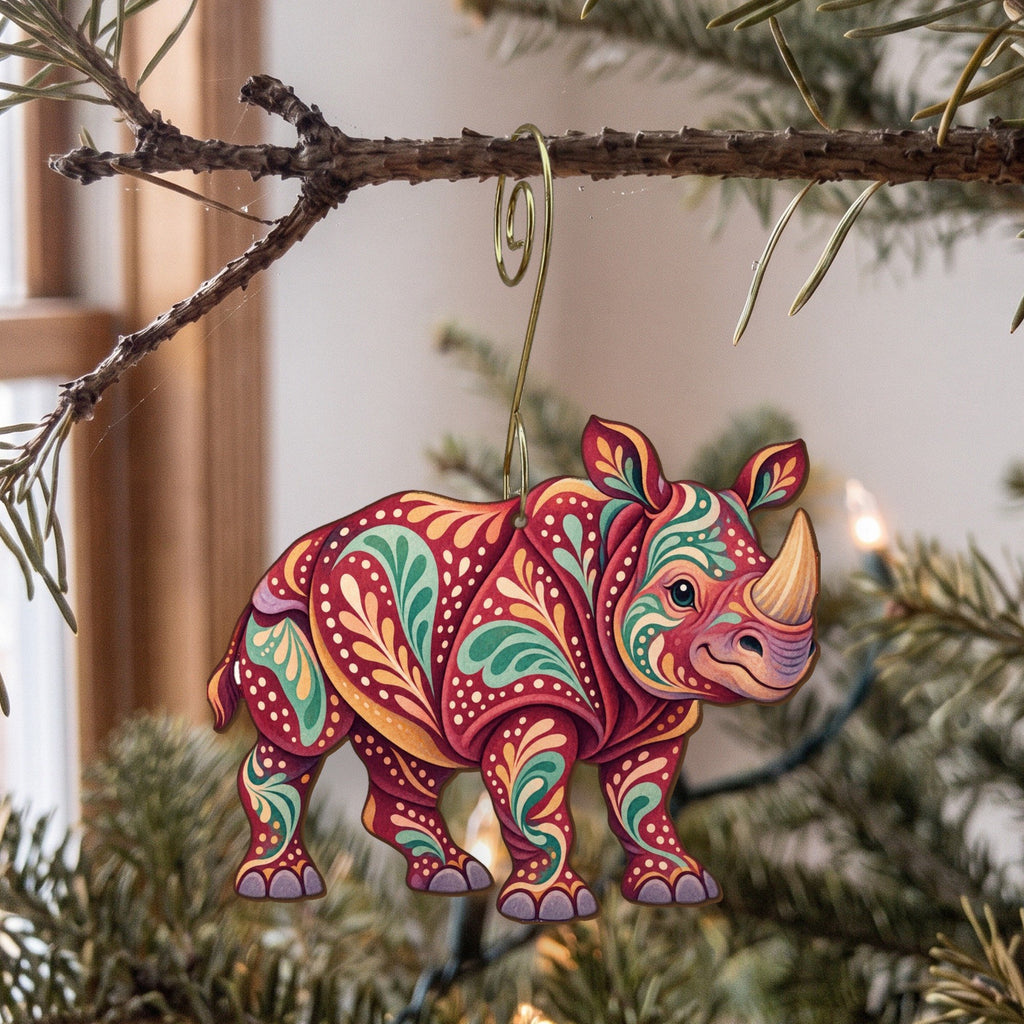 Laser-cut maple wood Indian Rhinoceros folk art ornament O374 hanging on a fir branch, made in USA
