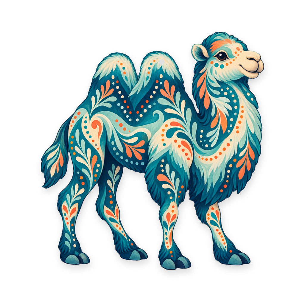 Bactrian Camel folk art ornament O377 on white, laser-cut maple wood, made in USA