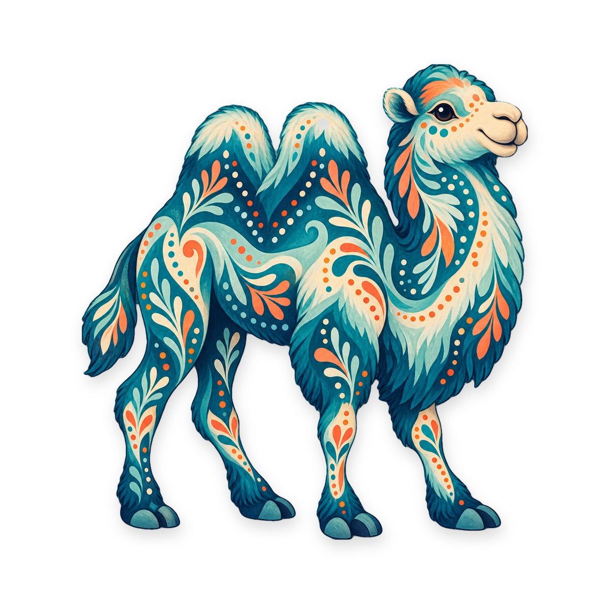 Bactrian Camel folk art ornament O377 on white, laser-cut maple wood, made in USA